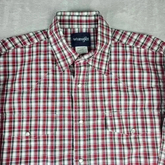 Wrangler Mens Pearl Snap Long Sleeve Red Green White  Plaid Sz L Western Cowboy - Picture 3 of 7